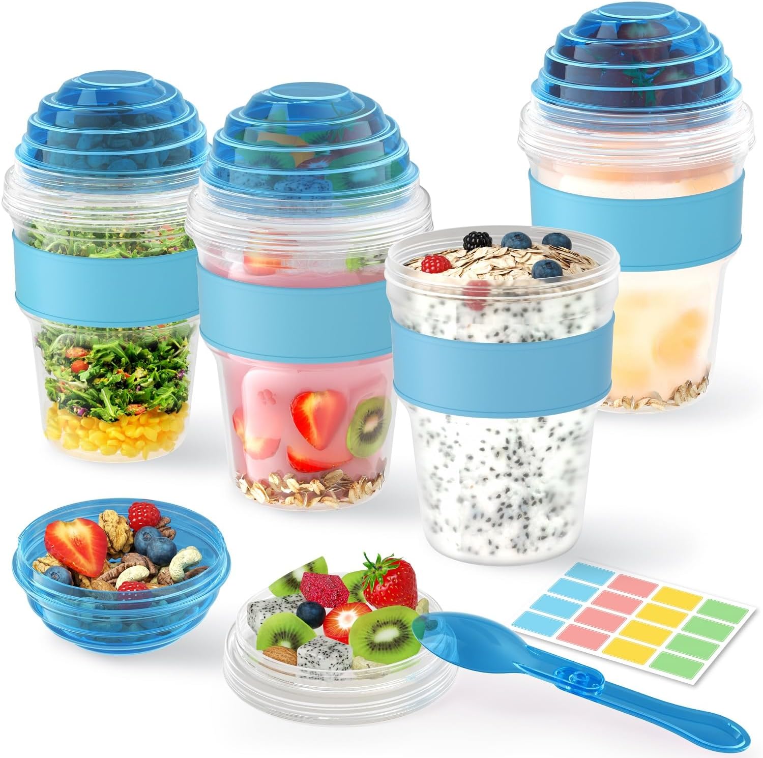 4 Pack Yogurt Parfait Cups with Lids Reusable, 20 oz Plastic Overnight Oats Containers To Go with Granola Compartment and Lids Spoon, Cereal Containers for Oatmeal, Snack, Breakfast Prep (Blue)