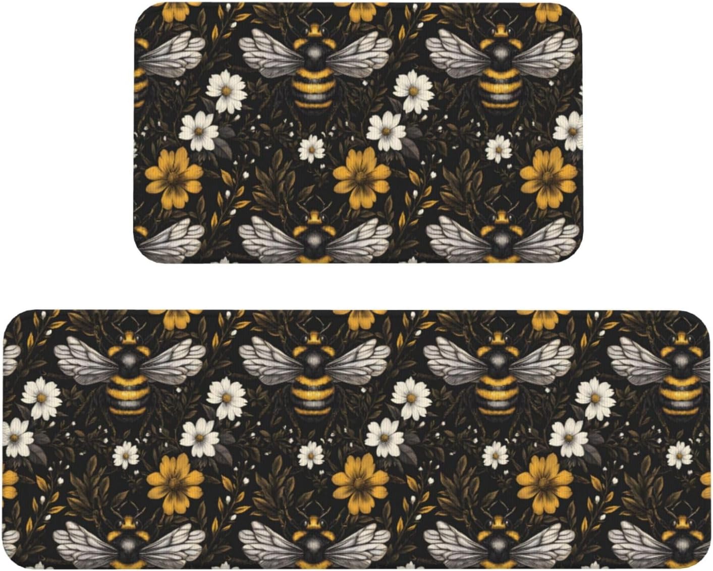 Daisy Bee Print Kitchen Rugs Sets of 2 Non Slip Washable, Anti Fatigue Kitchen Mats for Floor, Home Decor