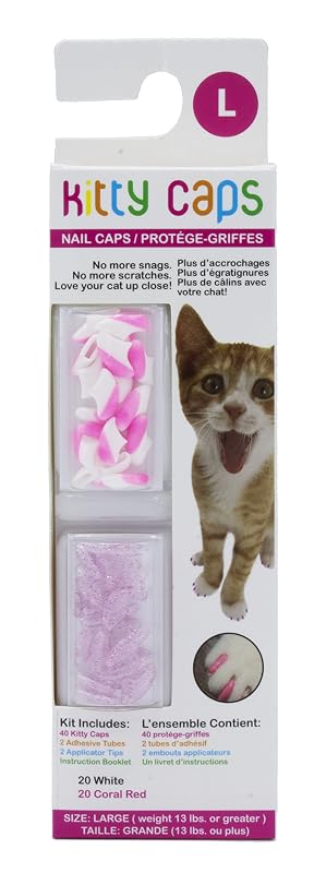 Capinhas para Unhas de Gatos Kitty Caps Brancas com Pontas Rosa e Transparentes com Glitter Rosa, Grande, 40 Unidades