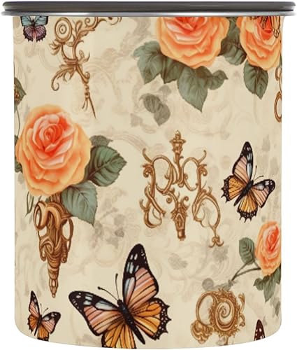 Stainless Steel Coffee Canister Butterfly Rose Vintage Food Storage Containers with Lid Airtight 30 OZ 202a8448