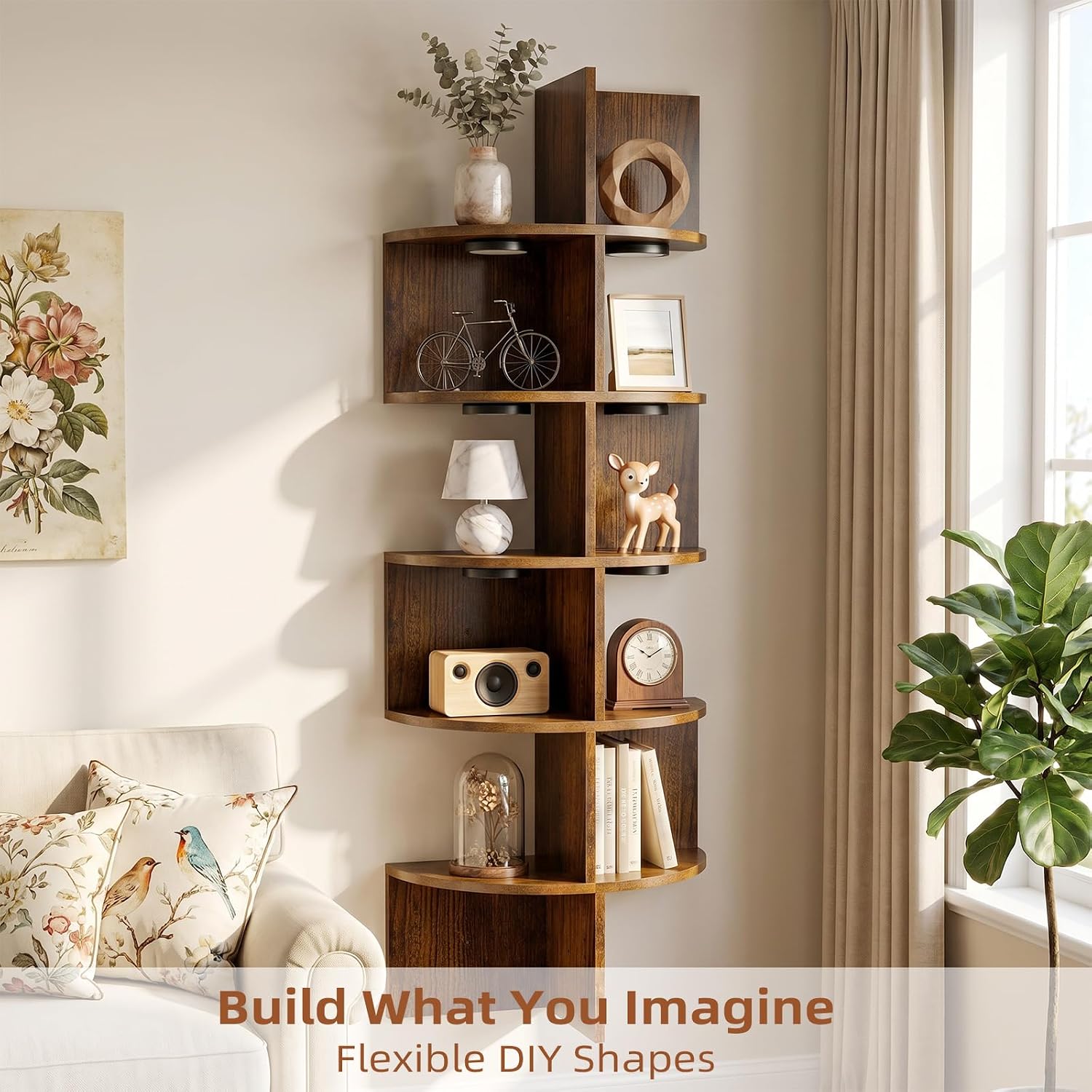 HAAYOT Corner Shelf Wall Mounted: 5-Tier Floating Shelves with Lights for Bedroom, Living Room, Home Office, Rustic Brown