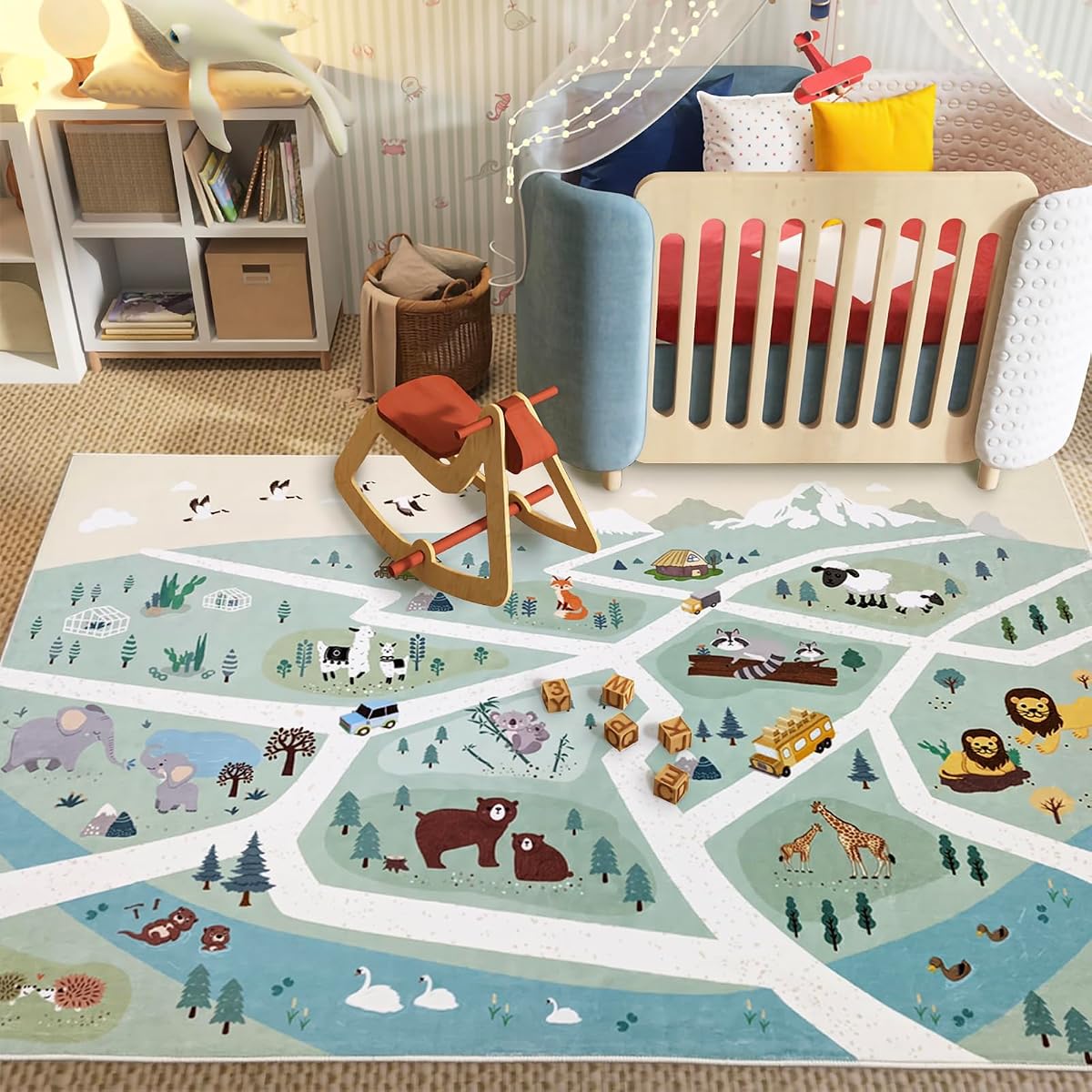 Kids Zoo Animal Car Road Rug 6Ft Large Playroom Classroom Adventure Carpet for Boys Girls Children Forest Woodland Animals Educational Mat for Bedroom Nursery Decor, 4x6Ft, Green