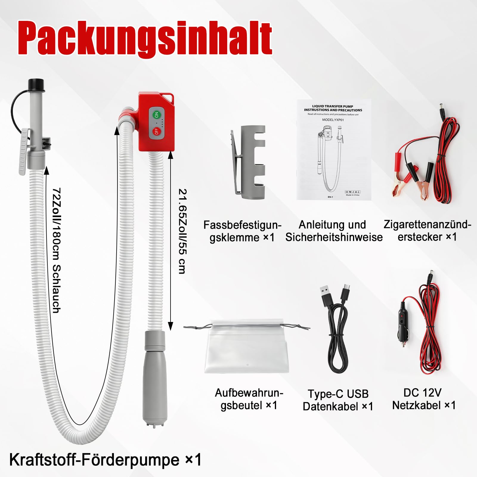 Kraftstoff Umfüllpumpe mit Auto-Stopp-Sensor,Aufladbare tragbare Dieselpumpe, Elektrische Transferpumpe mit 1.8M Schlauch, Dieselpumpe für Benzin, Diesel,Wasser und Öl