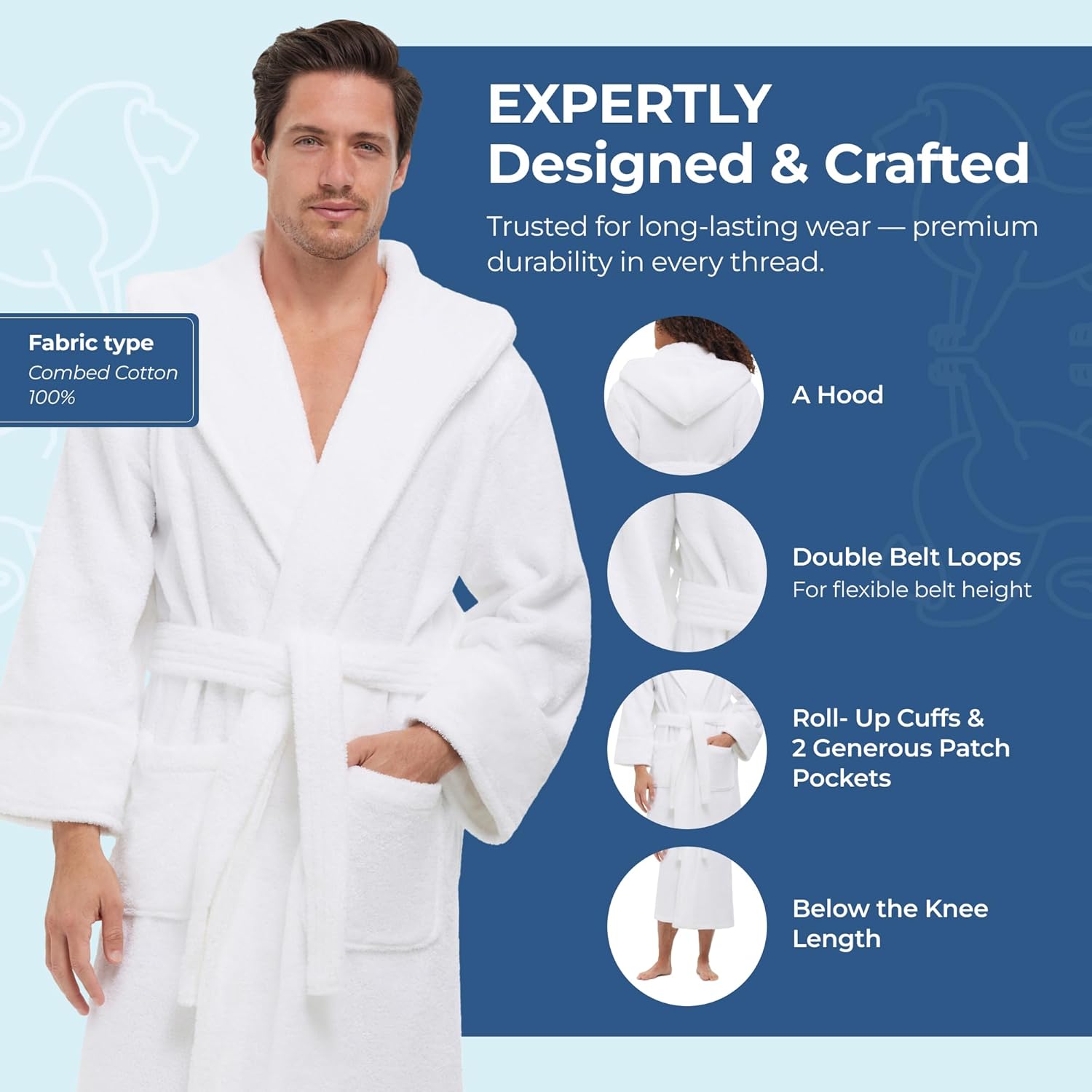 MONARCH Hooded Terry Shawl Collar Unisex Bathrobe – Thick Terrycloth Fabric, Generously Sized Hotel & Spa Robe with Pockets - Image 4