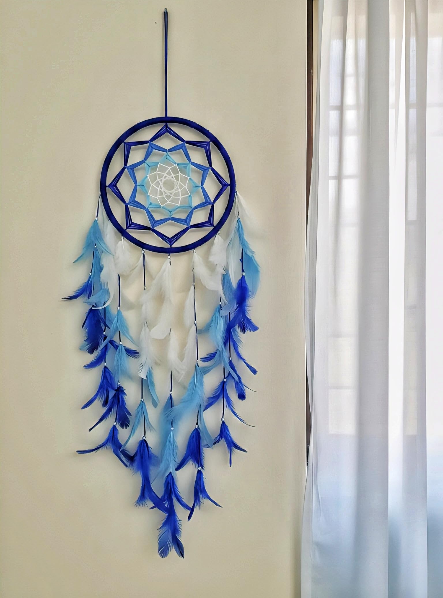 Handmade Blue & White Dream Catcher Wall Hanging for Home Decor, Bedroom, Kids Room & Living Room | Feather Dreamcatcher | 23 Inch Length, 8 Inch Diameter (Blue, White)-image-34