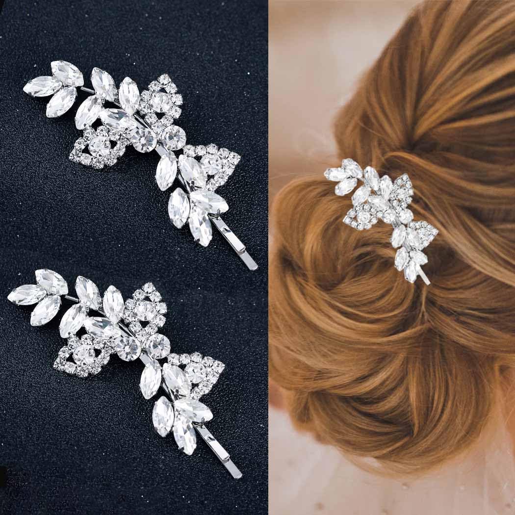 Foyte 2PCS Rhinestone Hair Clips Crystal Wedding Hair Pins Bridal Leaf Barreters Bridemaid Hair Accessories for Women and Brides (sliver)