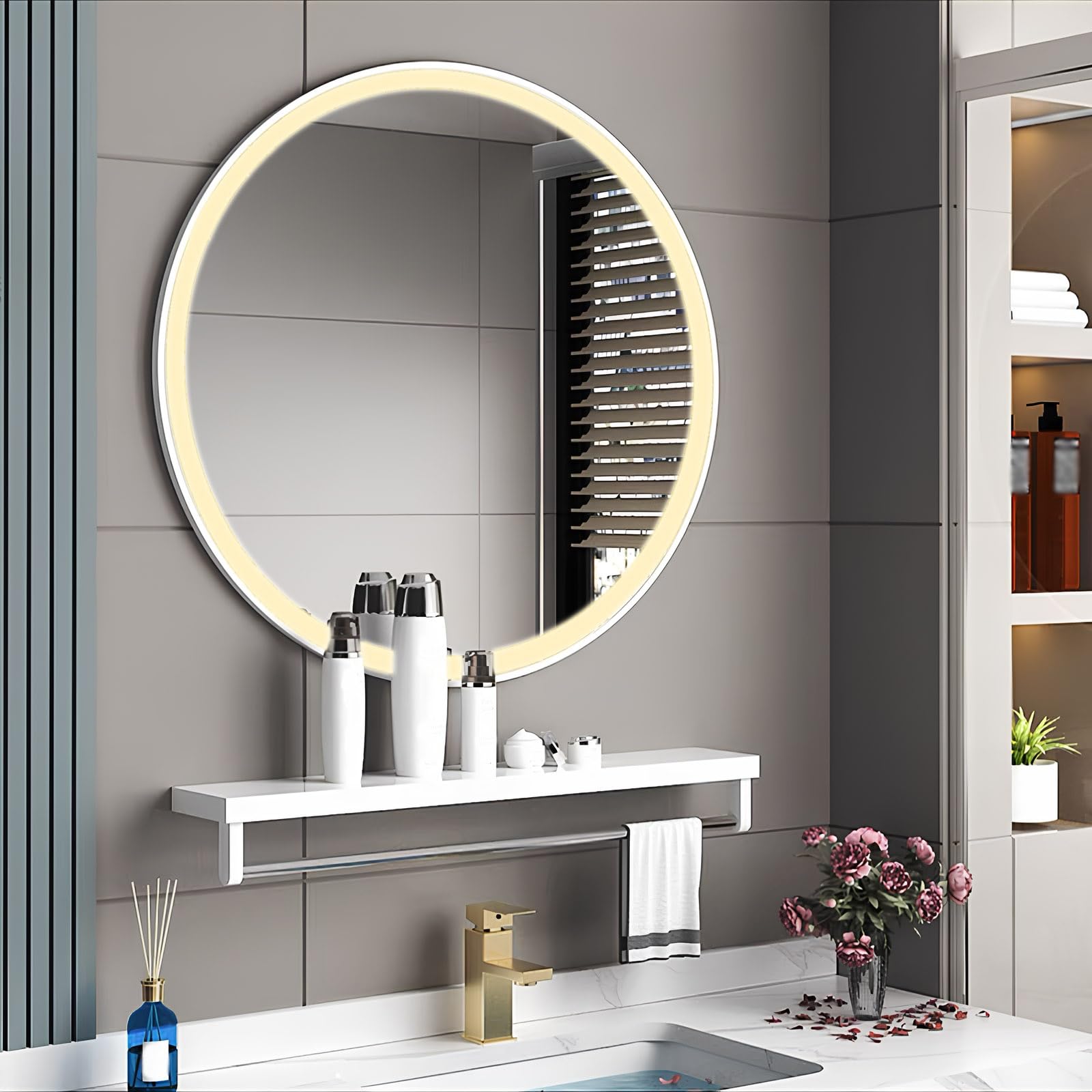LTSRLL Anti-Fog Round Bathroom Mirror With LED Lights Wall-Mounted Metal Frame Vanity Mirror For Home Gym, Bedroom, Door(White,80cm/31.5in)
