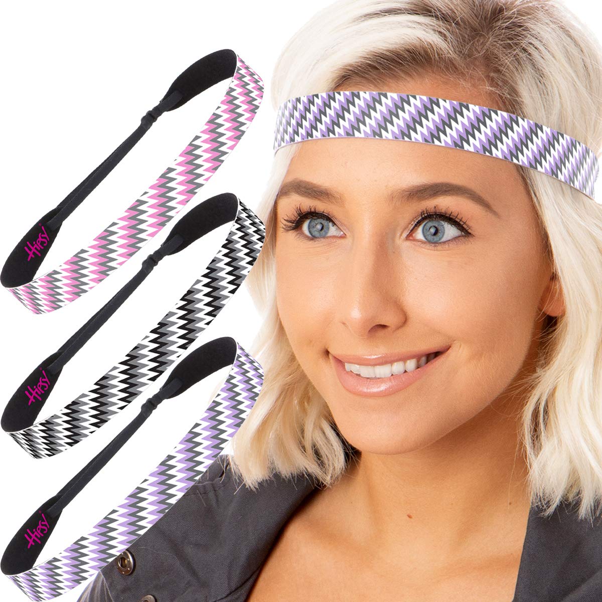 Hipsy Women's Adjustable NO SLIP Zigzag Wide Headband (Purple Black & Pink)