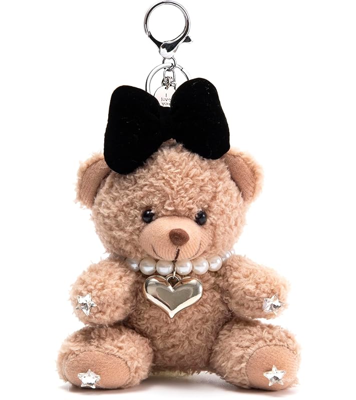 Chaveiro de Pelúcia Urso Marrom Heart Bear com Laço e Pingente para Bolsa, Mochila e Chaves YILANFULL com 1 unidade