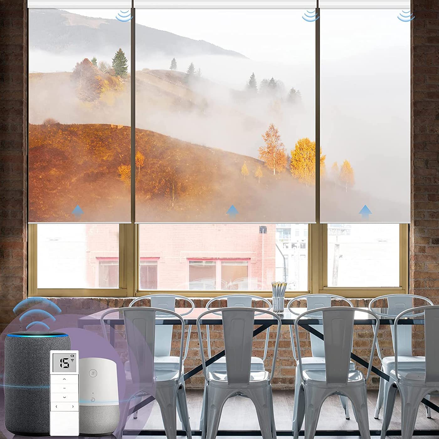 Tende oscuranti motorizzate compatibili con Alexa Google Printed Picture Smart Blinds Remote Rechargeable Electric Window Shade con mantovana Dimensioni personalizzate (Nature-Misty Hills)