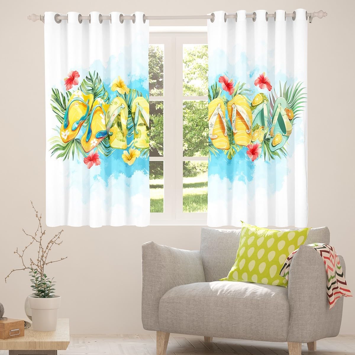 Erosebridal 38"x45" Tropical Curtain,Summer Hawaiian 100% Blackout Window Curtain Kids Boys Girls,Flip Flops Palm Tree Leaves Floral Window Treatments,Abstract Watercolor Sea Wave Curtains Drapes