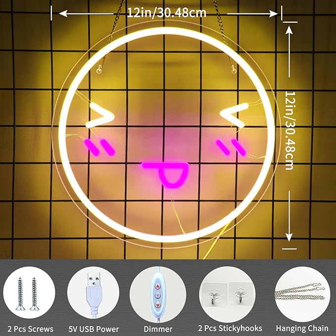 Neonawall Smiley Face Neon Sign for Wall Decor, 5V USB Powered Smile Face Led Light up Sign, Shy Neon Light with Dimmable Switch for Home Kids Room Office Wedding Birthday Party Decor Boys Girls Christmas Gifts photo 2