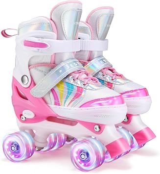Roller Skates for Kids Adjustable Quad Skates 4 Size Adjustable and light up wheels Roller skates for girls boys.