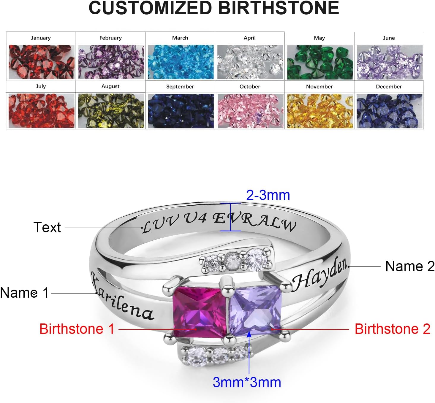 Personalized Sterling Silver Mothers Ring with 1-9 Birthstones Custom Engraved Name Family Ring for Women Jewelry Gift for Mom Wife Grandma Mother's Day or Birthday