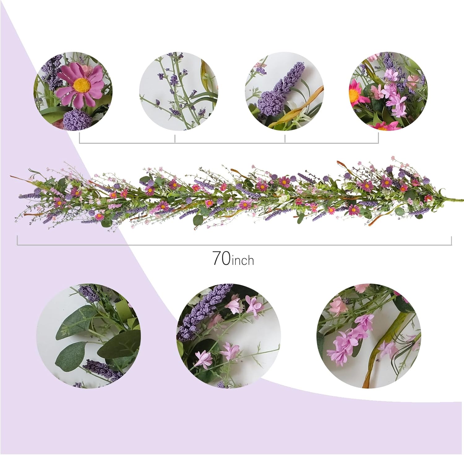 Bibelot 70inch/5.9Ft Spring/Summer Garland with Flowers, Artificial Fake Flower Greenery Garland with Daisies, Lavender for Baby Shower Wedding Mantle Party Table Centerpiece All Season Decor