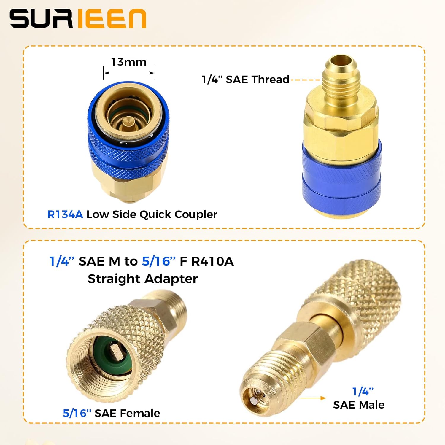 R134A Refrigerant Recharging Hose Kit with Gauge, BPV31 Bullet Piercing Tap Valve, R134A Low Side Quick Coupler, R410A Straight Adapter 1/4" SAE Male to 5/16" SAE Female