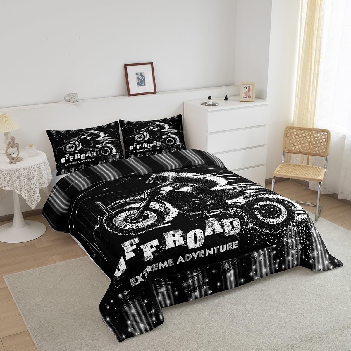 Feelyou Dirt Bike Comforter Set Toddler Size Racing Motocross Rider Comforter Extreme Sports Bedding Set Motorbike Duvet Set Black Grey White Quilt Set