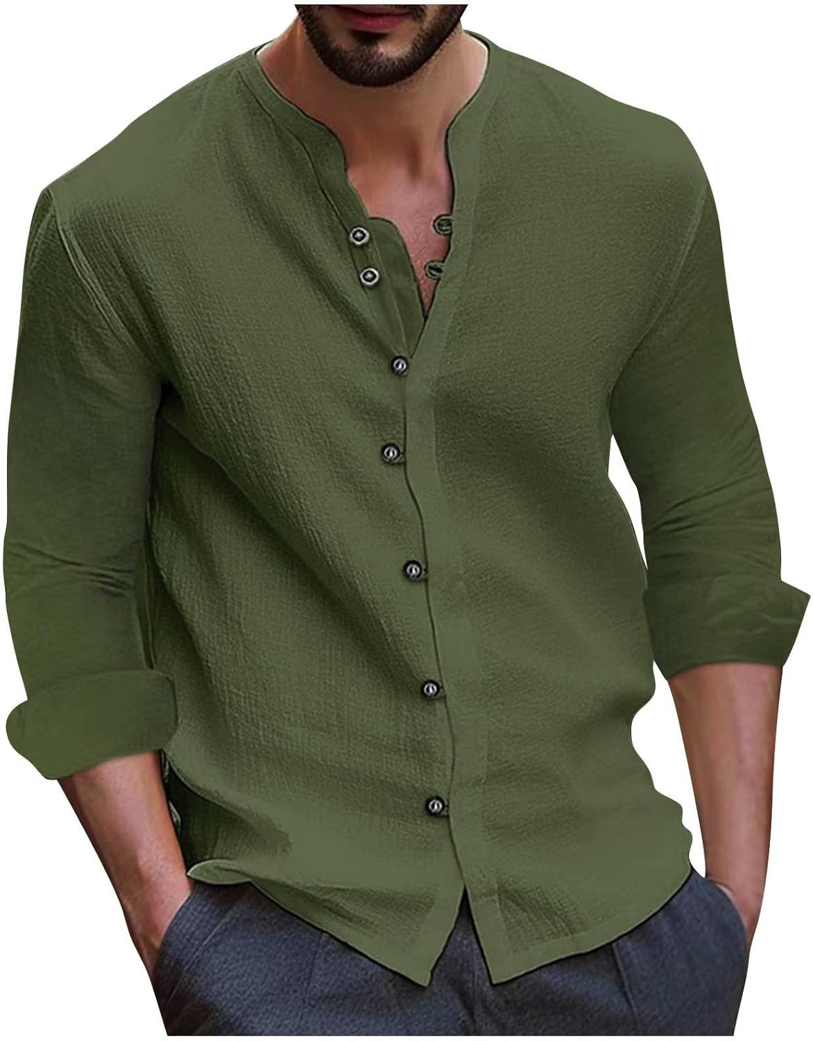 Ymosrh Men's Button Down Shirts, Long Sleeve Cotton Linen Casual Beach Wedding Dress Shirts, M-3XL
