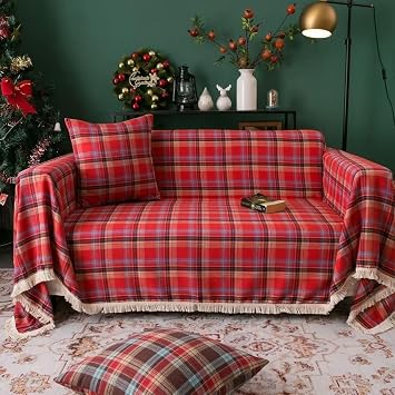 Christmas Couch Cover Red and Coffee Plaid Sofa Covers, Geometric Pattern Tassel Couch Elastic Sofa Protector, Cushion Couch Covers Red,71*103
