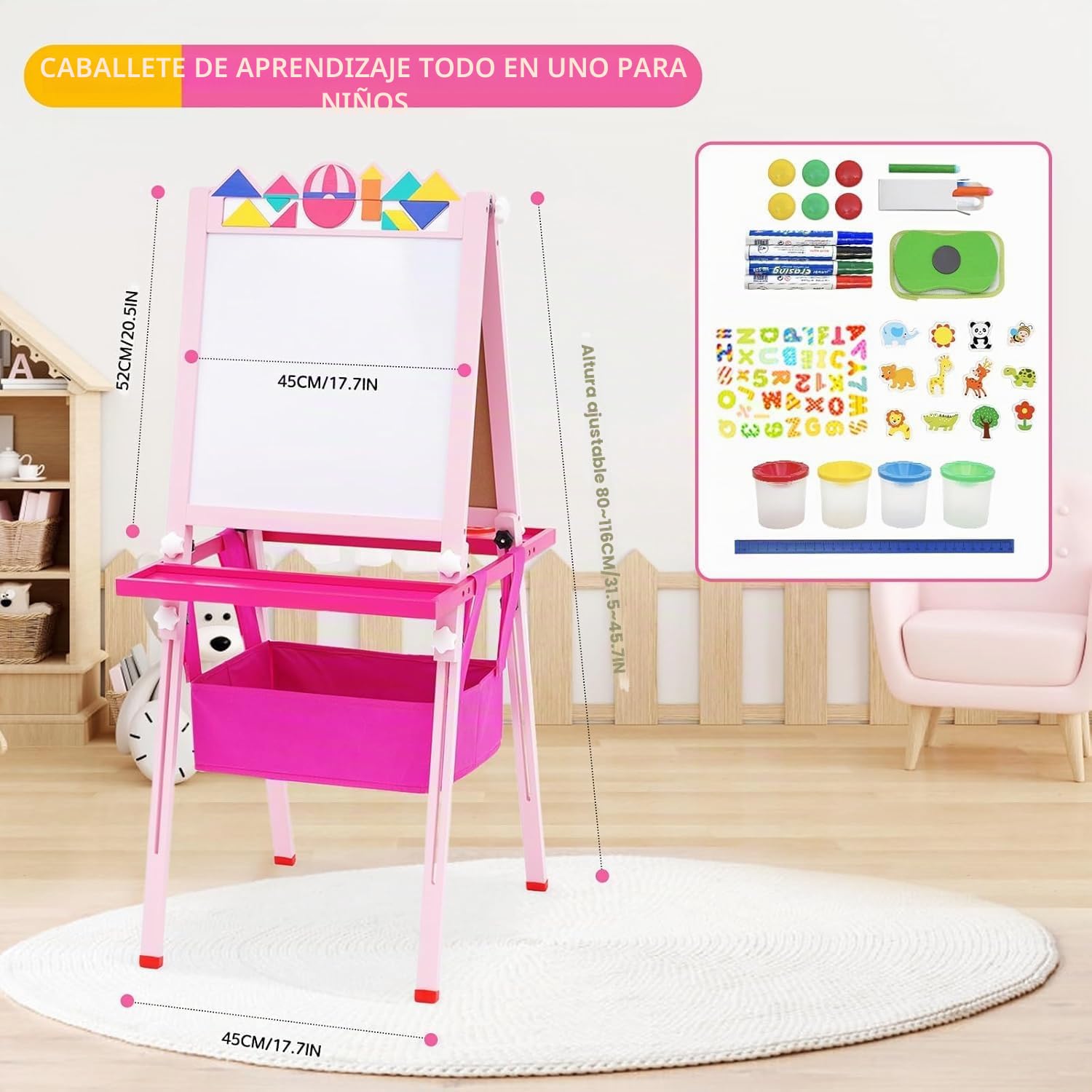 Pizarra Infantil Caballete, Altura Ajustable, Pizarra Blanca y Pizarra de Tiza de Doble Cara con Rollo de Papel, Juego de Arte de Madera de Pie para Niños, Regalo para Niños y Niñas (Rosa)