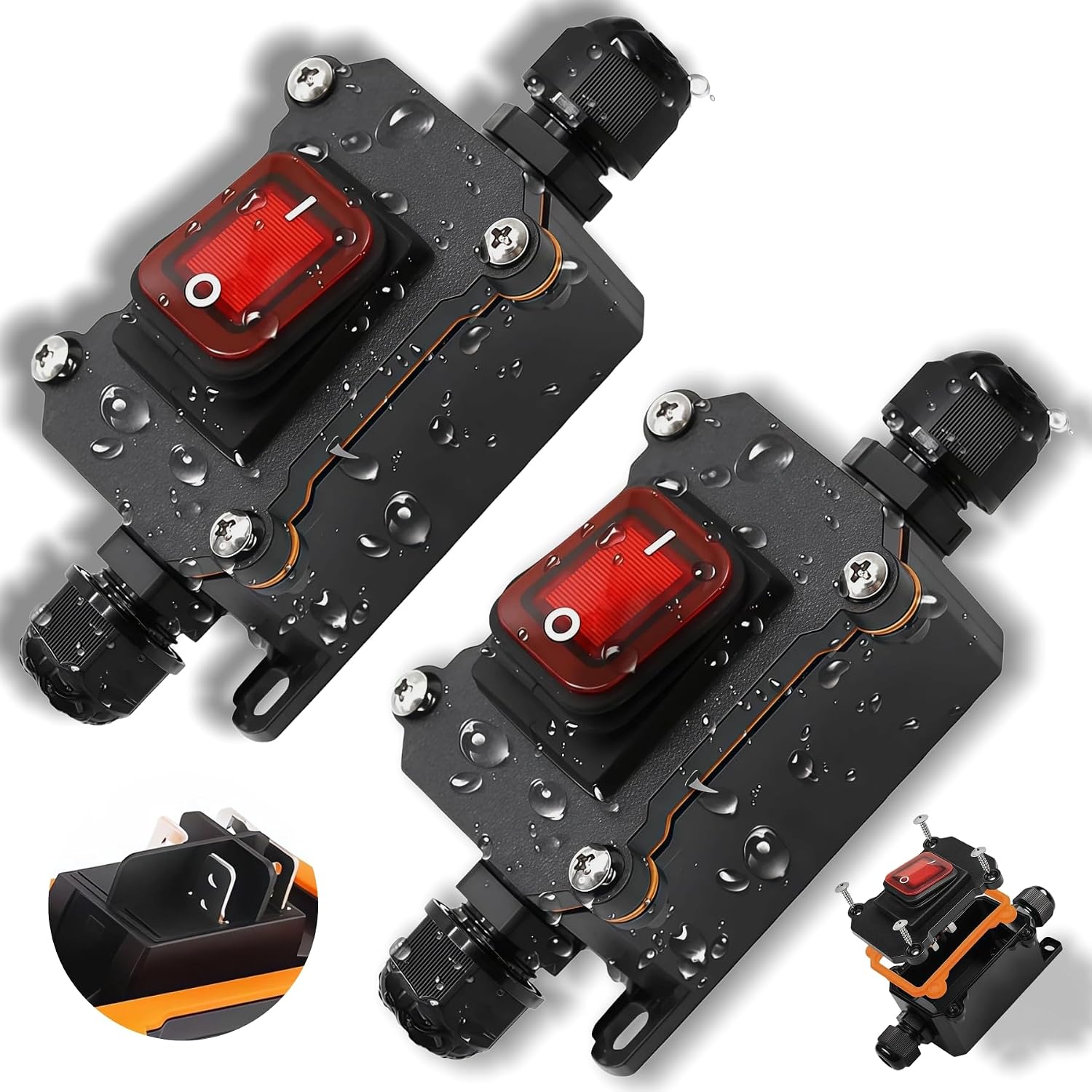 2-Pack Waterproof Inline Cord Switch DPST 30A 125V-250V Rocker | Red indicator light with two-side cable entry, easy ON/OFF control for DPST 30A-125V / 30A-250V wiring use.