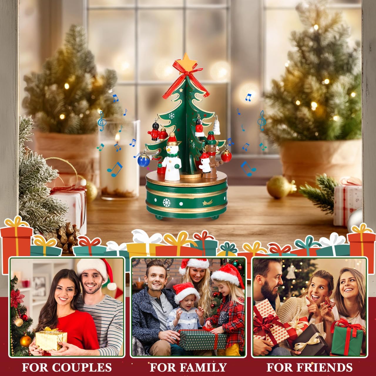Cabilock Christmas Wooden Rotating Music Box, Mini Christmas Tree Wind-up Musical Box, Tabletop Decoration Ideal