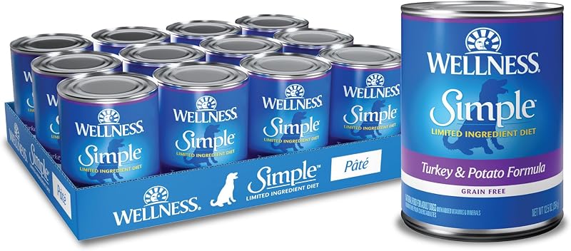 Wellness Simple Limited Ingredient Diet Alimento húmedo enlatado para perros adultos, granos saludables, receta natural, pavo y papa, 12.5 oz, paquete de 12 latas
