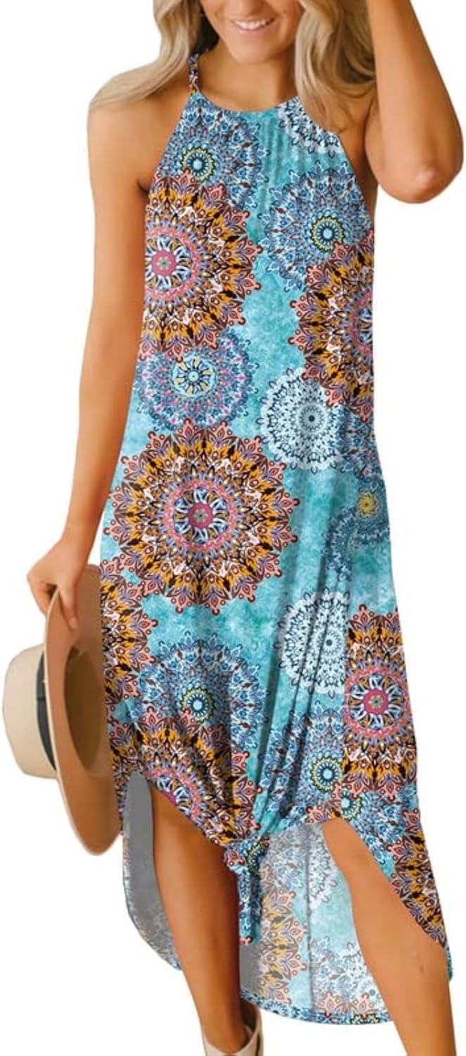 For G and PL Women's Summer Casual Halter Side Slit Long Maxi Beach Dress Vacation Resort Sundress