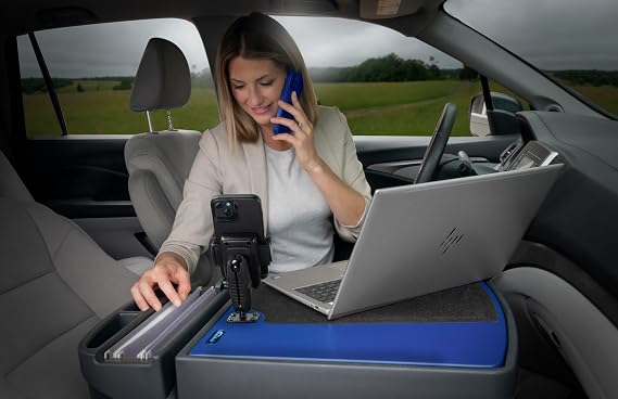 AutoExec Efficiency GripMaster Car Desk for Your Vehicle Workstation and Mobile Office, Blue, with Phone Mount