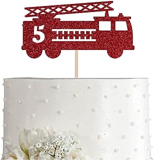 Fire Truck 5th Birthday Cake Topper, Red Glitter Firefighter Fireman 5 Years Birthday Party Decoration