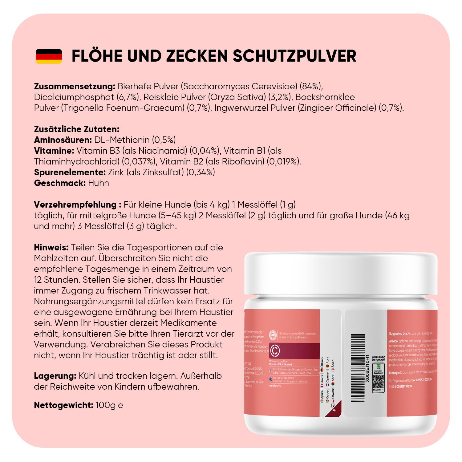 animigo Flohpulver - Zeckenschutz für Hunde - 100 g Pulver - Mit zusätzlichen Vitaminen, Mineralien & Aminosäuren wie Bierhefe, Zink, Vitamin B3, B1 & B2 - Hühngeschmack - Flohmittel Hund
