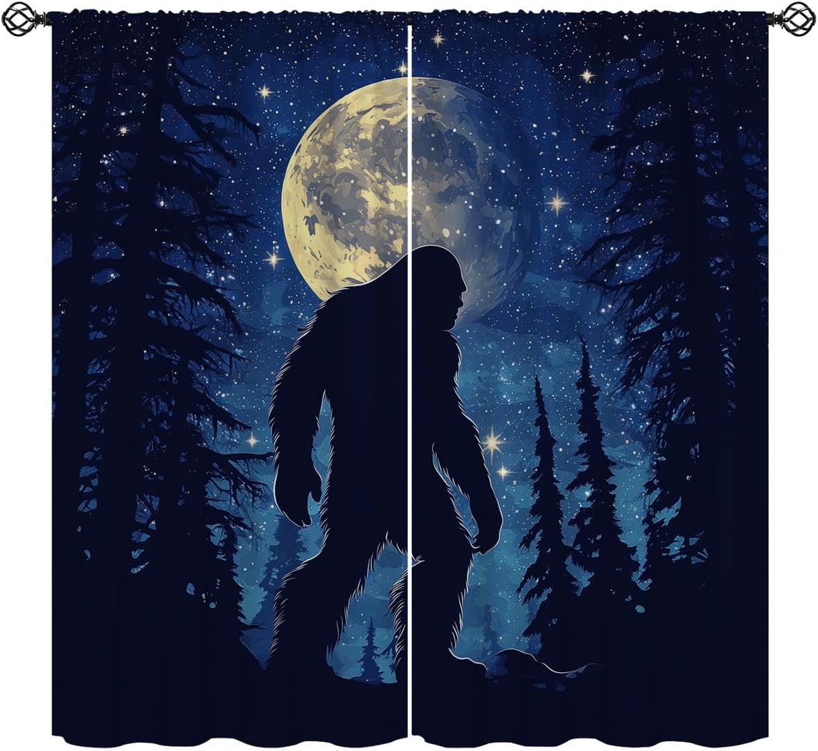 Bigfoot Blackout Curtains for Girls Boy Home Decor, Cool Funny Sasquatch Retro Forest Moon Rod Pocket Thermal Insulated Drapes Darkening Window Curtain for Bedroom Living Room, 42 x 45 Inch