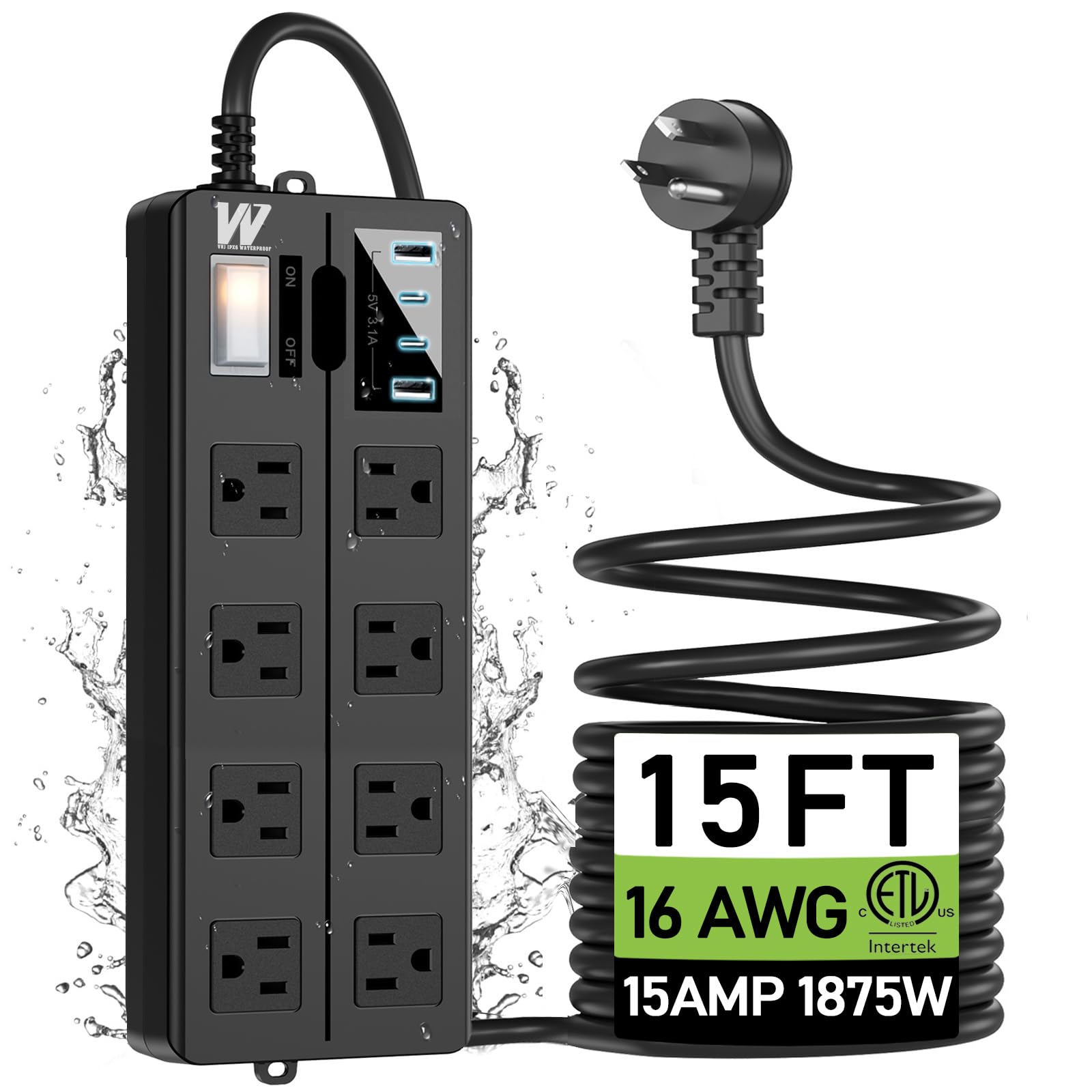 15FT Outdoor Waterproof Power Strip Surge Protector with 8AC Outlets 4USB Ports Power Switch Safety Lock, ETL Certified for Patio Garden Charging
