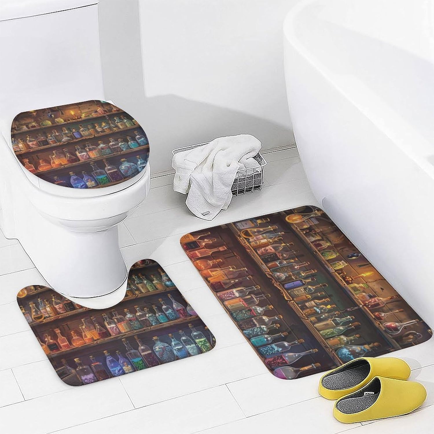 4Pcs Biology Shelf Shower Curtain Set with Rugs, Toilet Lid Cover and Bath Mat, Fantasy Magical Potion Chemistry Bathroom Curtains Decor Shower Curtains, 72" x 72"