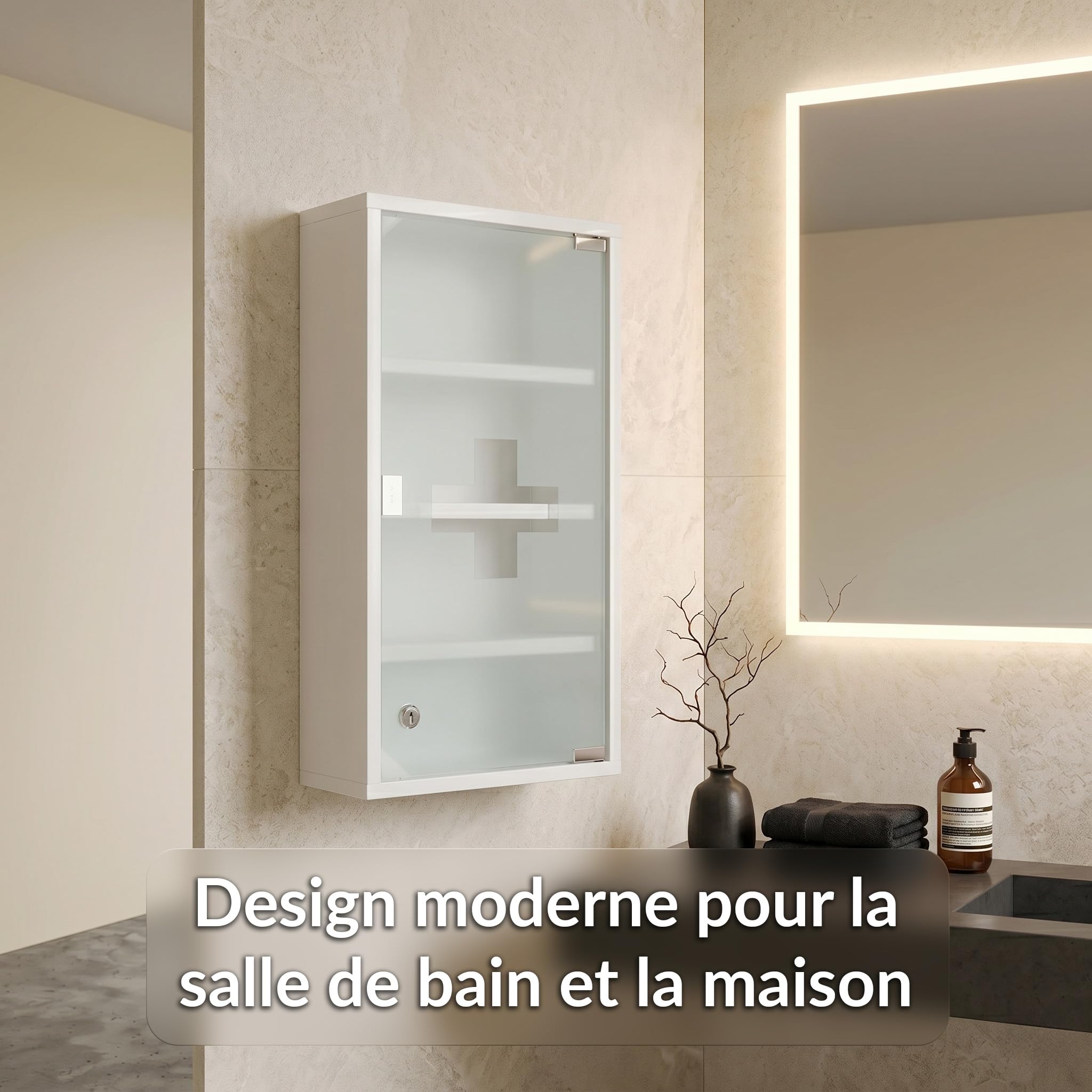 KARAT Armoire à Pharmacie Allen – Armoire à médicaments verrouillable avec Porte en Verre dépoli, pour Salle de Bain, Cuisine et Cabinet médical (Blanc, 60 × 30 cm (4 Compartiments))