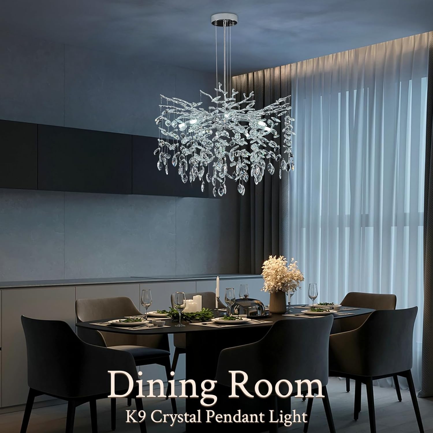 Modern Tree Branch Crystal Chandelier 23.6" Silver Crystal Dining Room Chandeliers 8-Light Luxury Pendant Lighting for Kitchen Bedroom Living Room