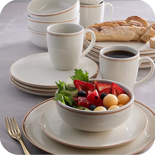 Miniatura 6 de Corona - Juego de vajilla de cerámica versátil de color crema de 16 piezas  Platos, cuencos y tazas  Servicio para 4  Caoba beige