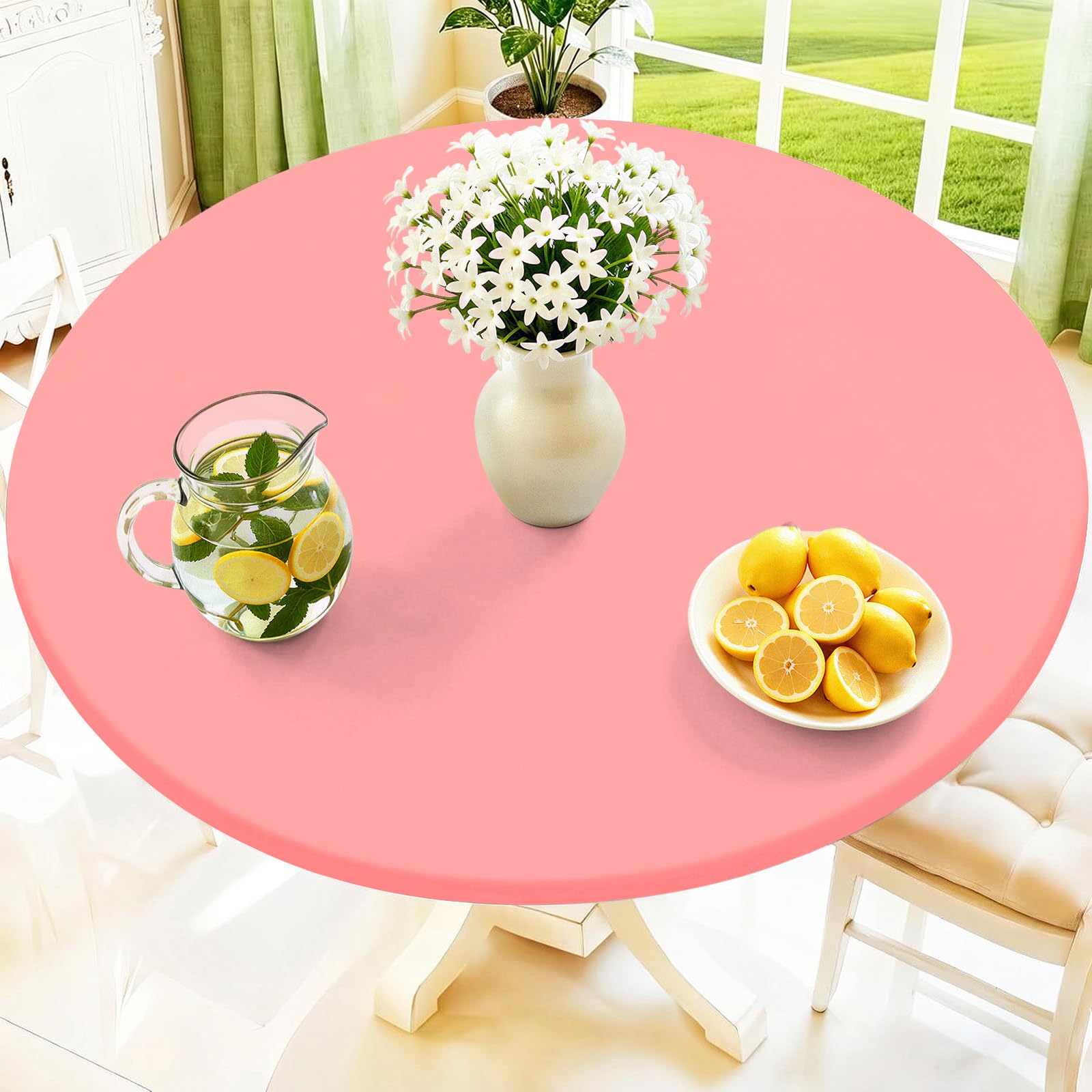 Moosfor Round Spandex Tablecloth, Elastic Fitted Waterproof Tablecloths for 45"-56" Tables, Stretch Washable Picnic Table Cover for Camping, Dining, Indoor and Outdoor,Coral Red — image 1