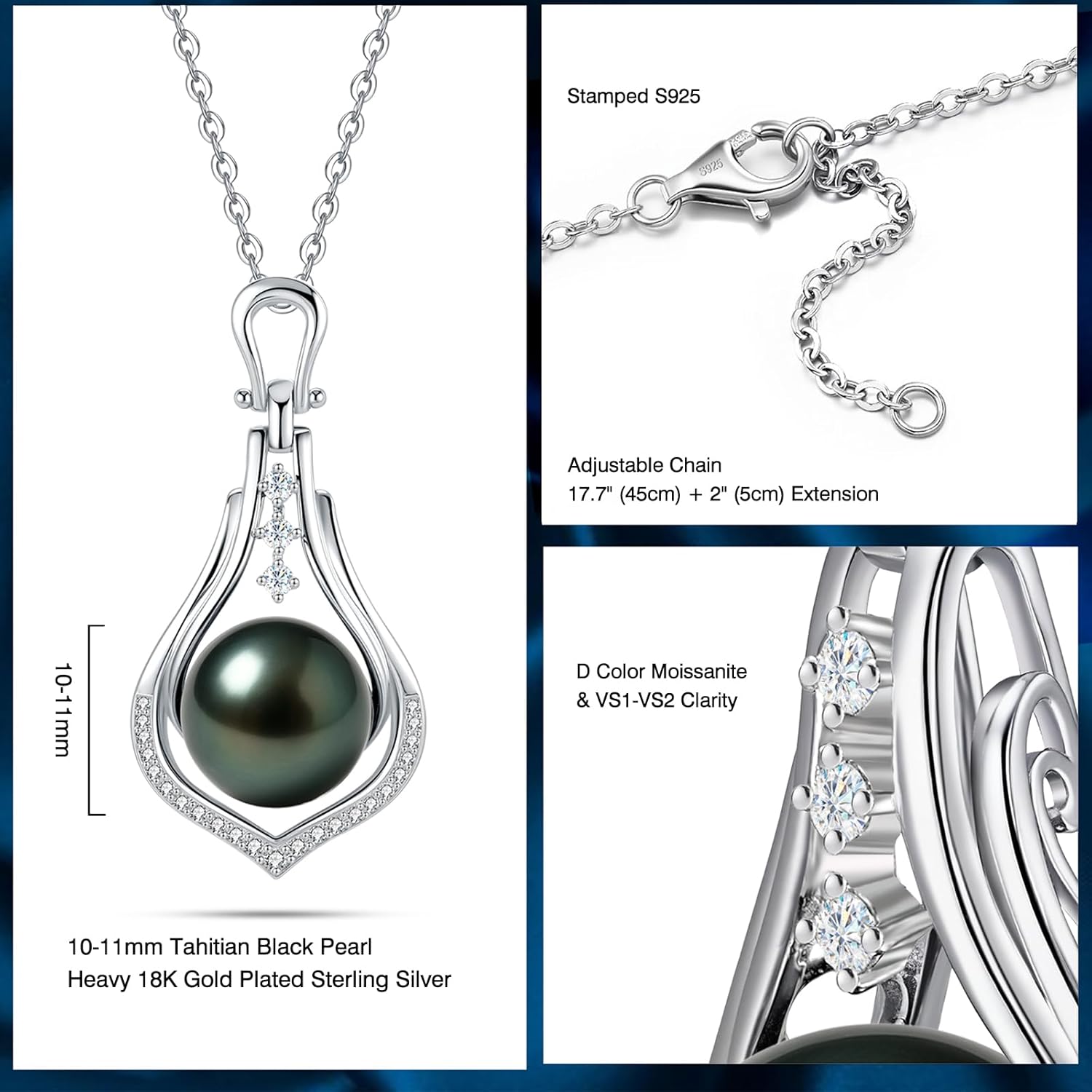Genuine Tahitian Black Pearl Necklace for Women, 9-13mm AAAA Seawater Pearl - Sterling Silver Moissanite Pendant, Wedding Anniversary, Birthday, Christmas Gift for Wife, Mom, Girlfriend, Fine Jewelry - Image 4