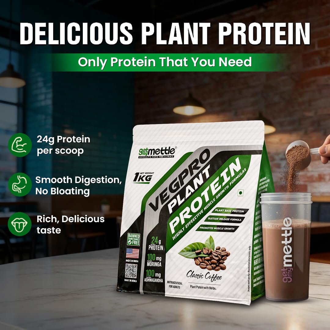 Getmymettle VegPro Vegan Plant Protein Powder | Protein 24g per scoop | Pea Protein Isolate with Digestive Enzyms | Low Carbs (1kg, Classic Coffee) — Amazon image 4