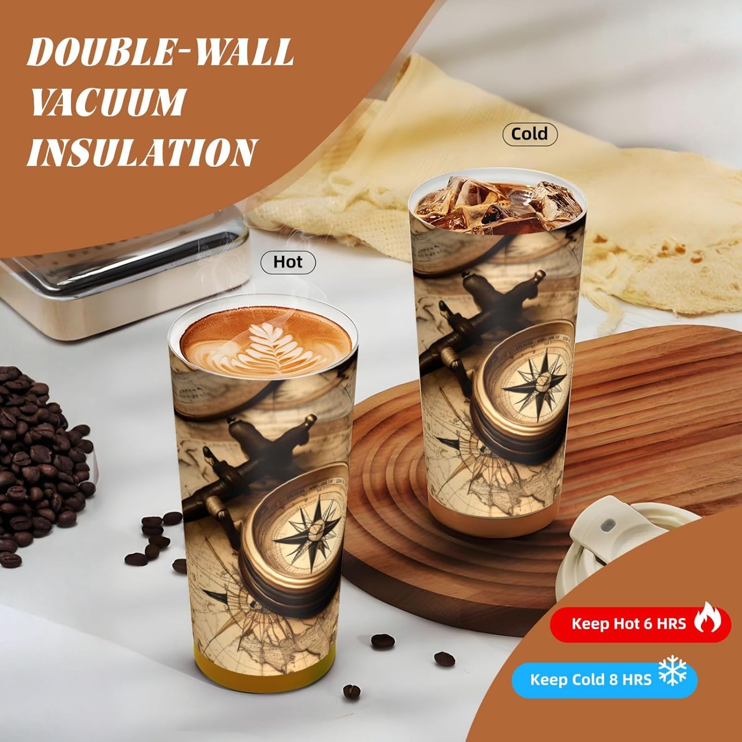 Compass and Old World Map Print Leakproof Insulated Coffee Mug,Stainless Steel Dual Drink Travel Tumbler,17 OZ