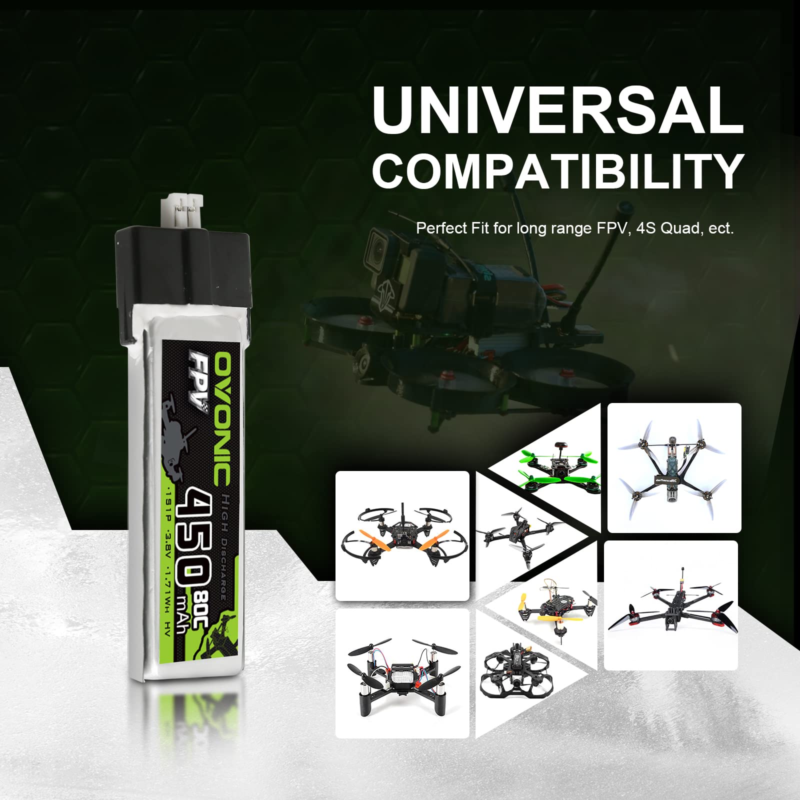 Lot De 4 Batteries Lipo OVONIC – 450 MAh 3,8 V – 80 C – JST-PH2.0 – Pour Micro Drone FPV Et Quadcoptère