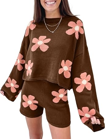 Women 2 Piece Sweater Set Off Shoulder Floral Knit Pullover Top and Zipper Knitted Shorts Suit Spring OutfitsPink Brown,Small