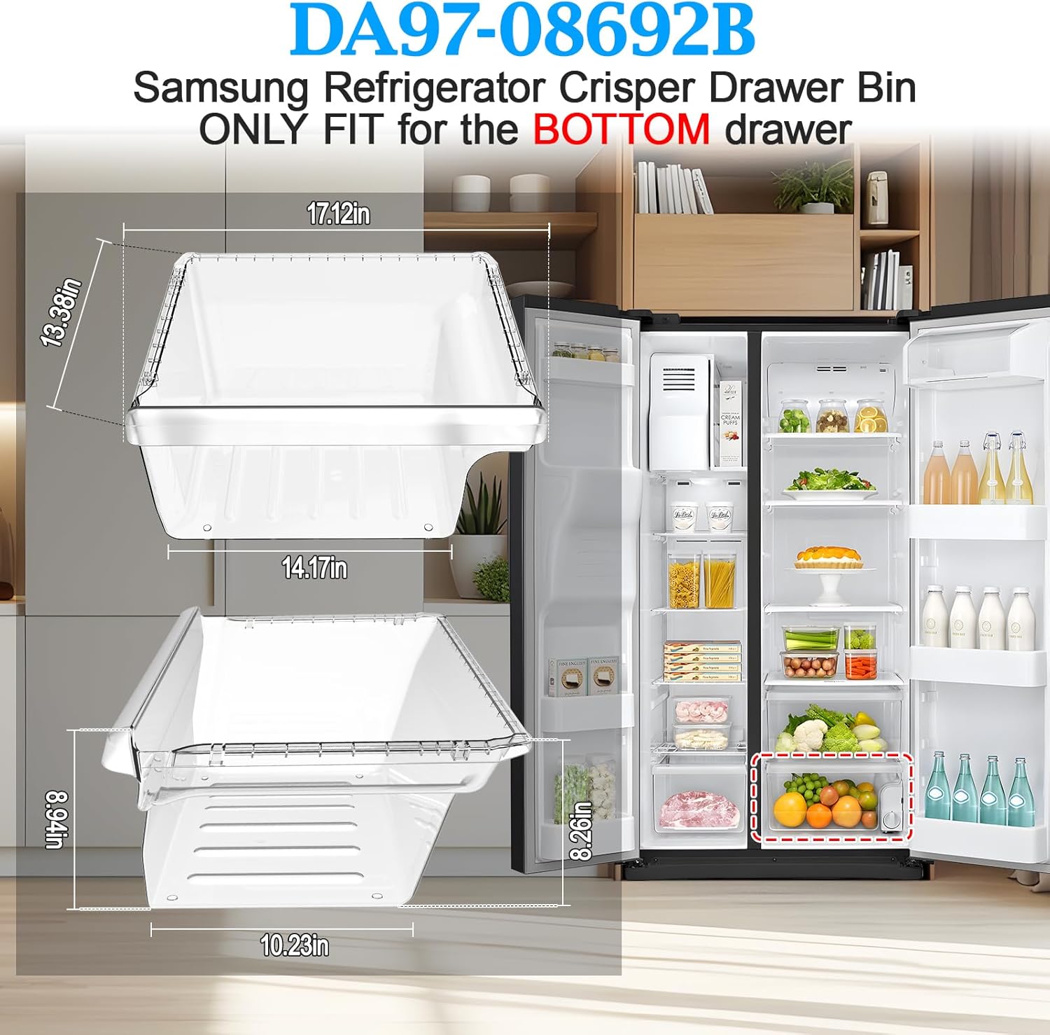 UPGRADED DA97-08692B Refrigerator Crisper Drawer Compatible with Samsung Fridge Drawer Replacement RS25J500DSG RS25J500DSR RS261MDRS RS25H5000SR Drawer for DA97-08692A Samsung Refrigerator Drawers