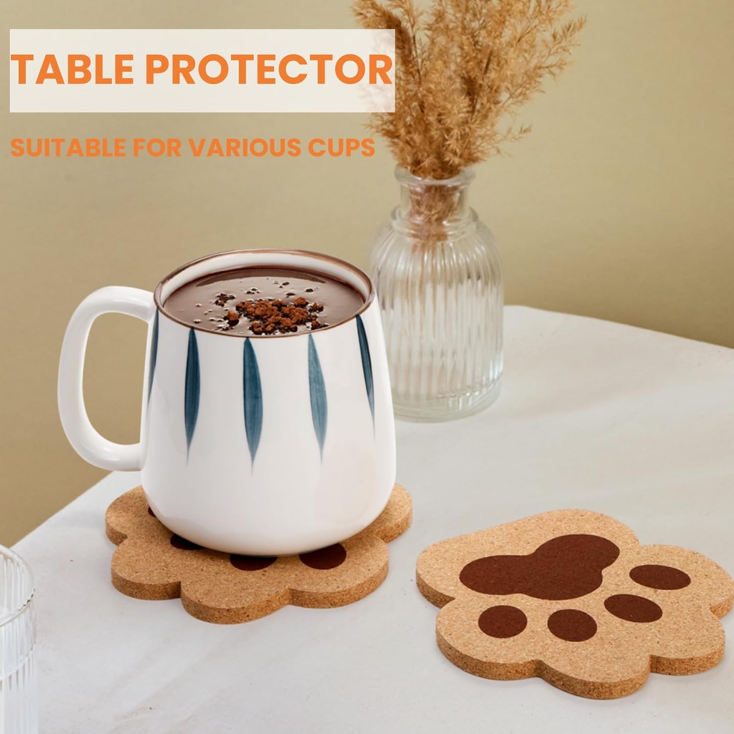 12 Pack Cork Coasters for Drinks, 4.7" Absorbent Cup Mat Set, Heat Resistant Kitchen Coasters, Reusable Cat Paw Shape Table Protection Trivet for Glasses Mugs, Room Decor, Housewarming Gifts - Image 6