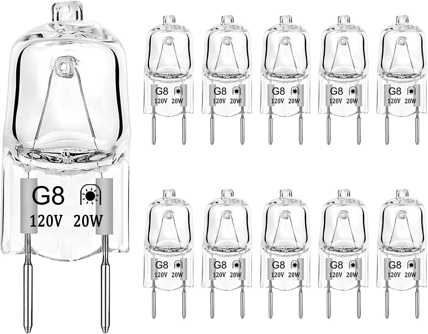 G8 Halogen Bulb 20W 120V Dimmable T4 JCD Type G8 Base Bi-Pin Xenon Bulb for Under Cabinet Puck Lights, Kitchen Hood, Landscape Lights, Warm White 2700K (10 Pack)