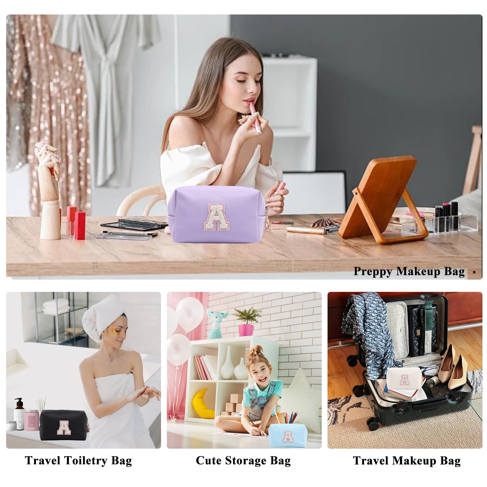 Personalized Makeup Bag,Waterproof Travel Makeup Pouch Cosmetic Bag Birthday Gift for Women Mom，Bride Bridesmaid Cosmetic Bag A-Z — view 6