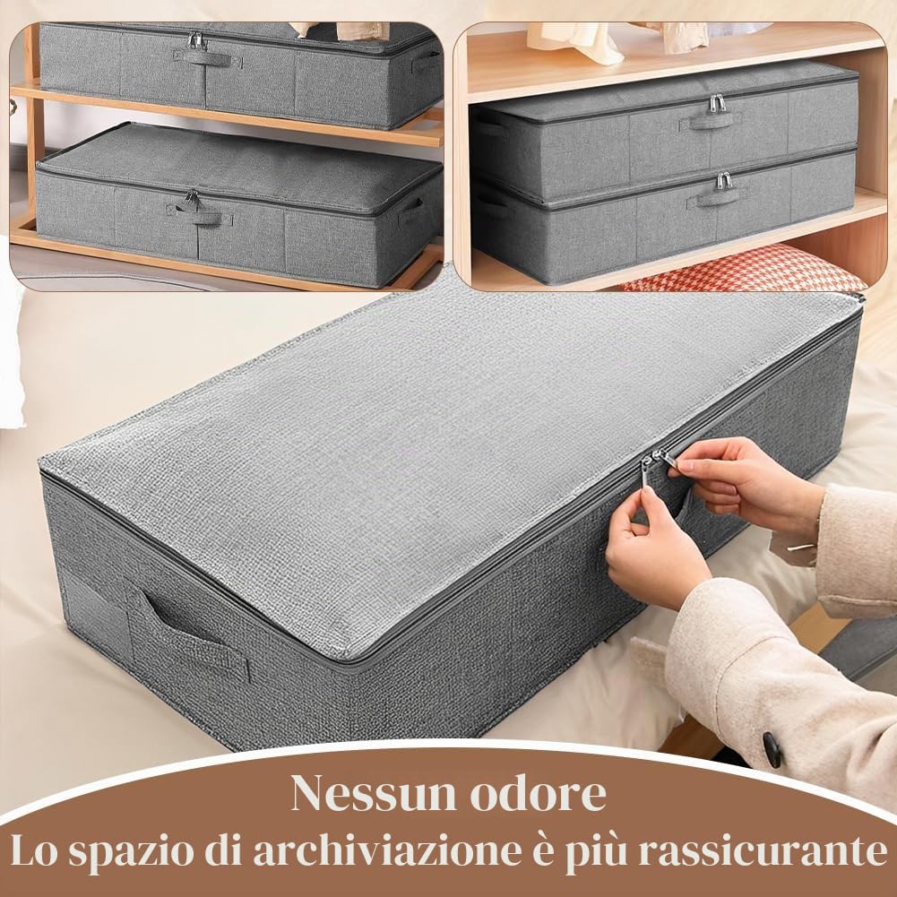 2 Cassettiera Sotto il Letto, Contenitore Sotto il Letto, con Coperchio e Maniglie, Pieghevole, 85 x 40 x 12 cm, per Vestiti, Coperte, Stabile Contenitore Sotto il Letto, Grigio