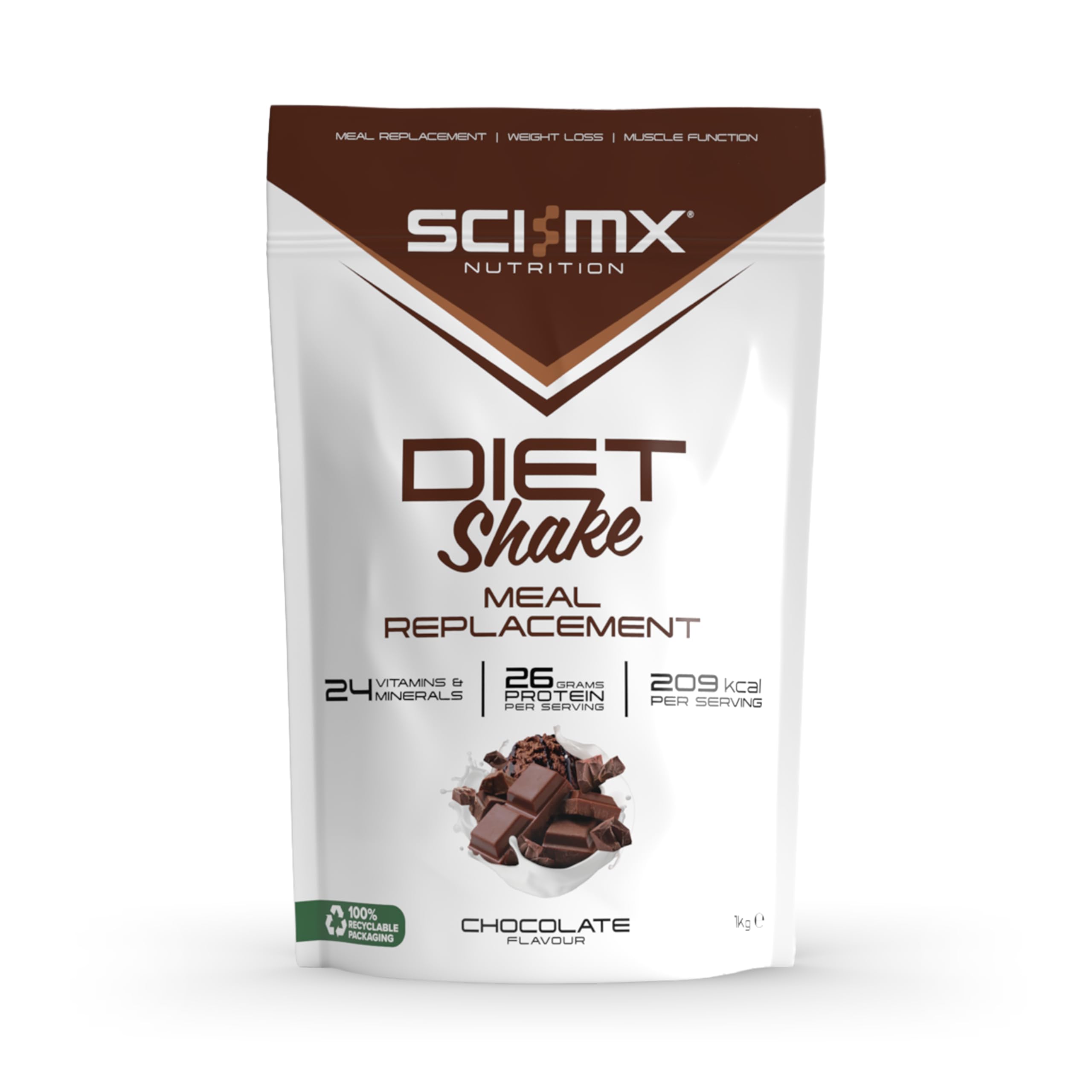 SCI-MX Diet Meal Replacement Shake - Chocolate Flavour - High Protein Shake + 24 Essential Micronutrients - Non-GMO - 1KG (18 servings) 209 calories per serving