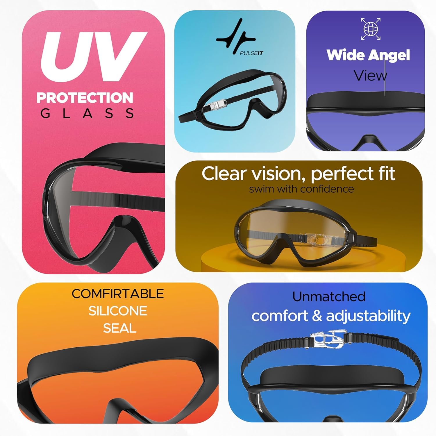 PULSEIT Dive Anti-Fog Swim Goggles & Swimming Goggles | No Leaking, UV Protection, Wide View | Mirrored Lens | Adjustable Strap | Clear Vision | For Men, Women & Kids | Pool & Training